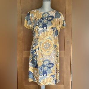Vintage Handmade Yellow, Gold and Blue Floral Women's Dress, Size Medium